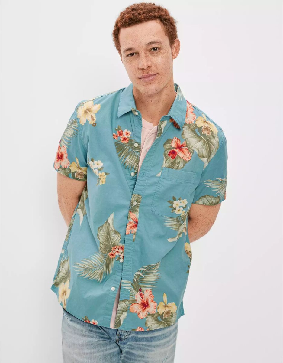 Hauts Flanelle American Eagle AE Tropical Button-Up Resort Shirt Turquoise Homme | FJS-26033845